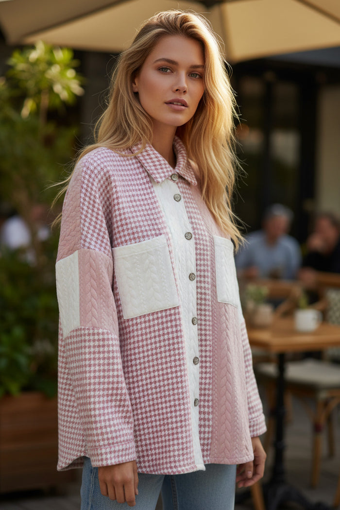 Veste ample en patchwork texturé à contraste de couleur pied-de-poule rose
