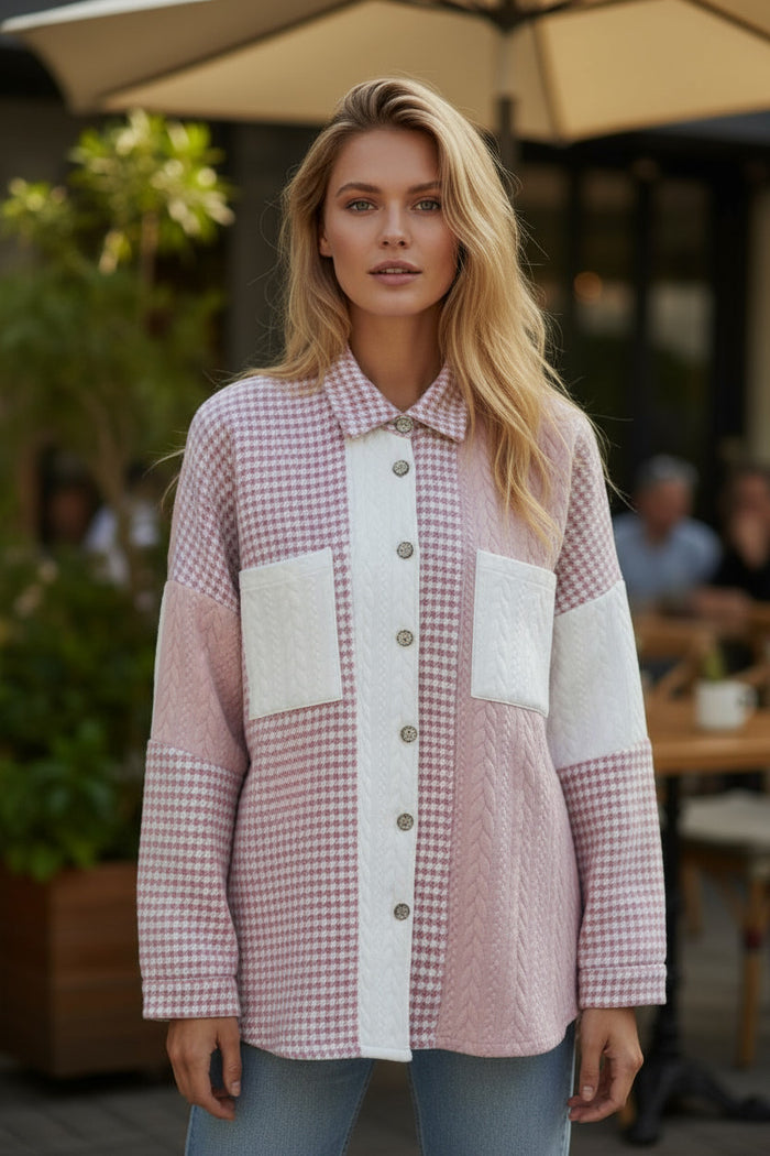 Veste ample en patchwork texturé à contraste de couleur pied-de-poule rose