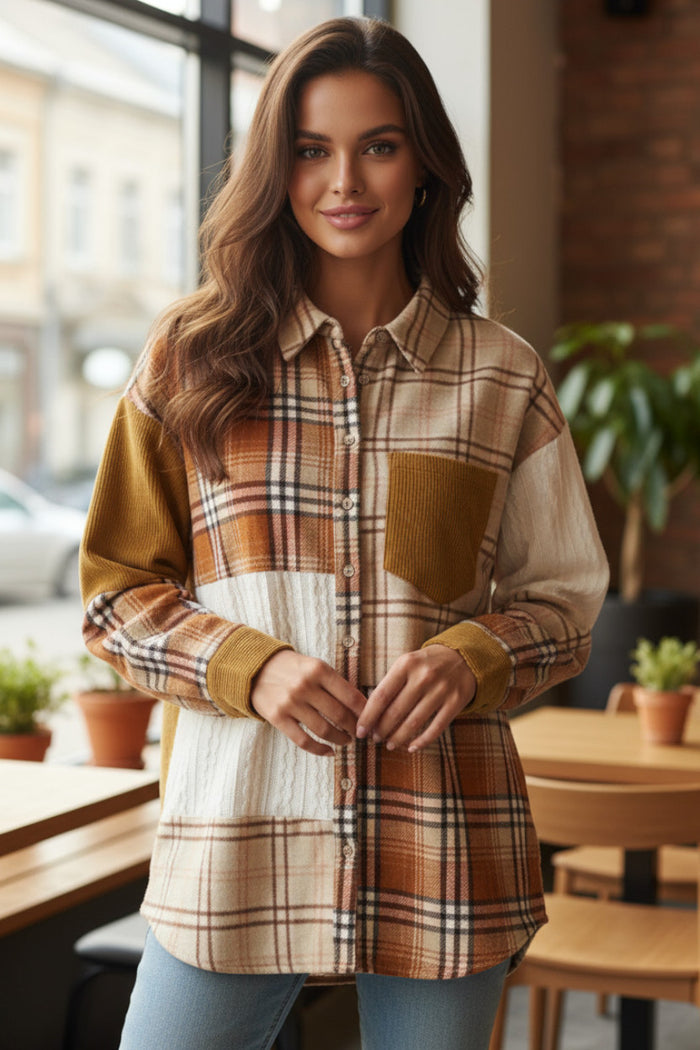 Veste chemise patchwork à carreaux orange avec poche