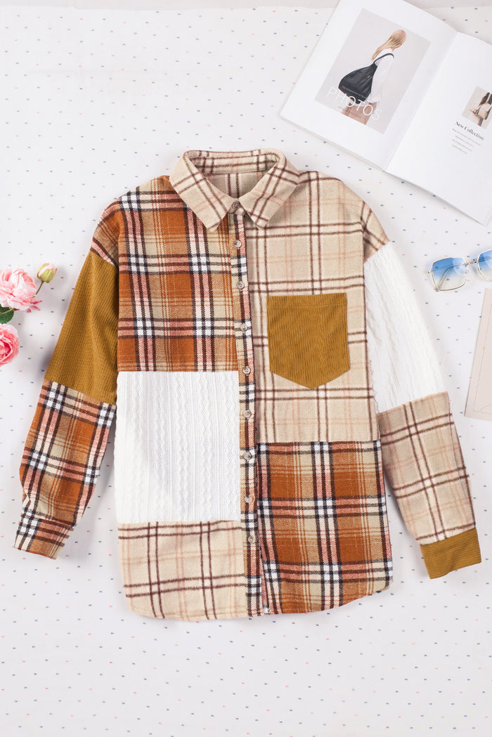 Veste chemise patchwork à carreaux orange avec poche