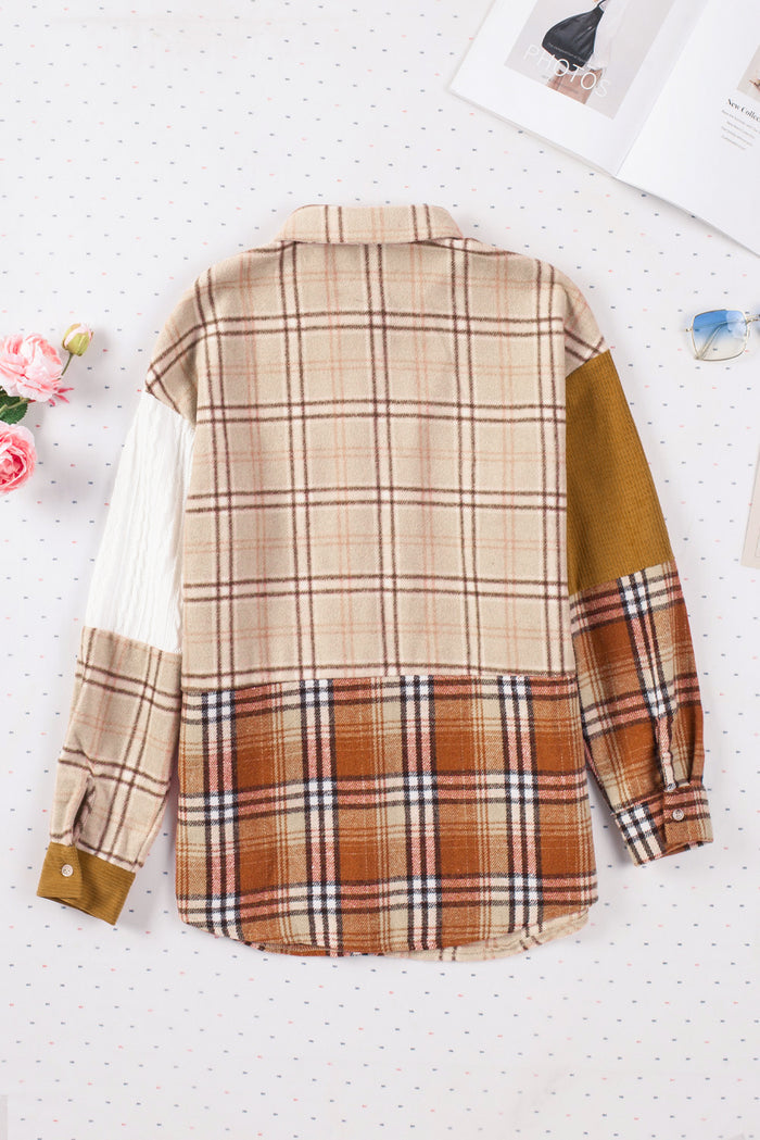 Veste chemise patchwork à carreaux orange avec poche