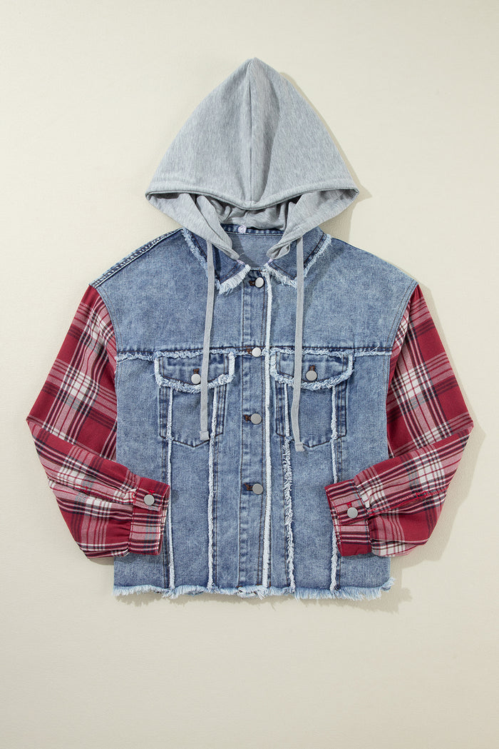 Veste en jean à capuche et ourlet brut Beau Blue à carreaux et patchwork