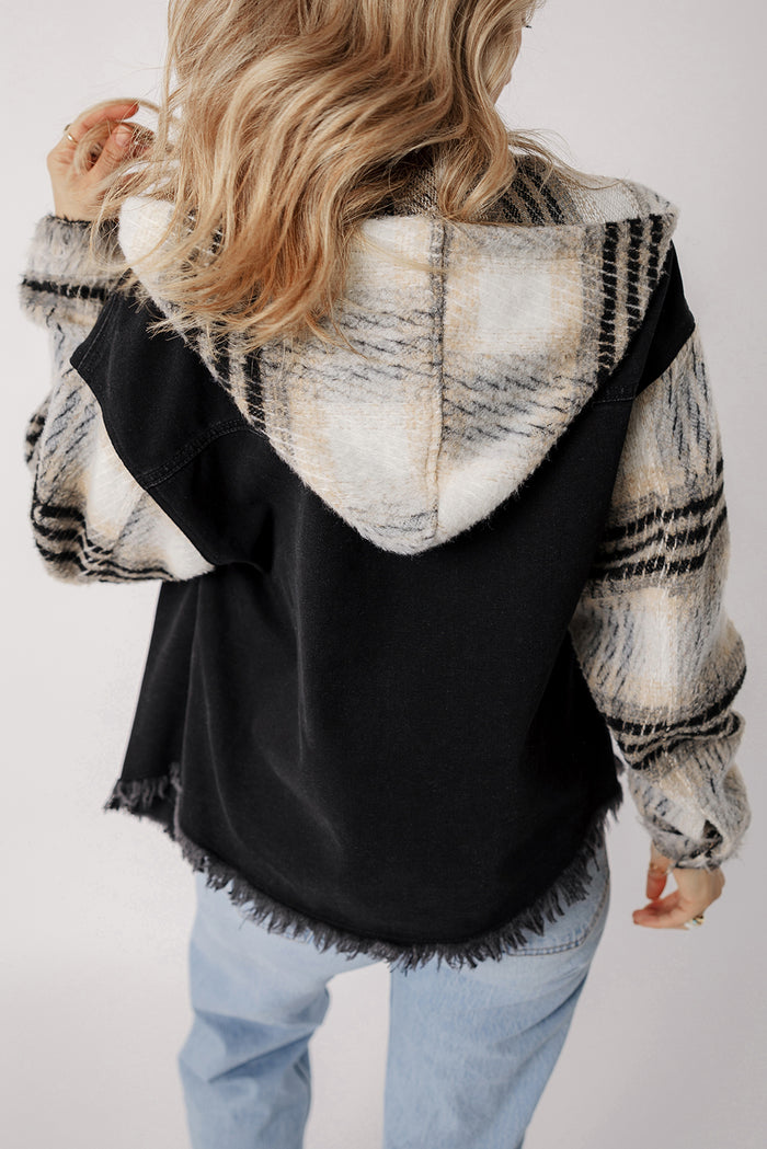 Veste en jean à capuche noire à manches écossaises *