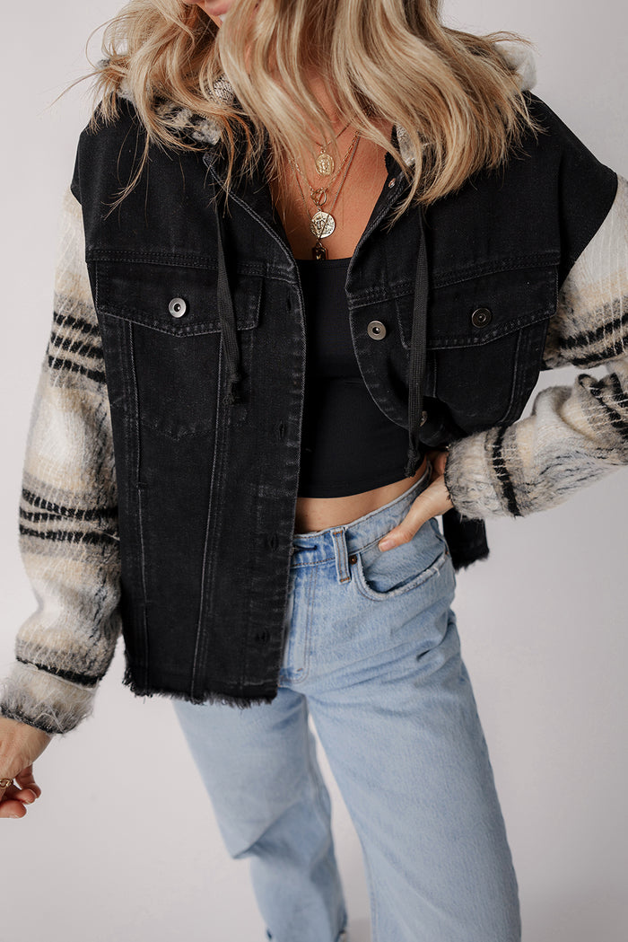 Veste en jean à capuche noire à manches écossaises *