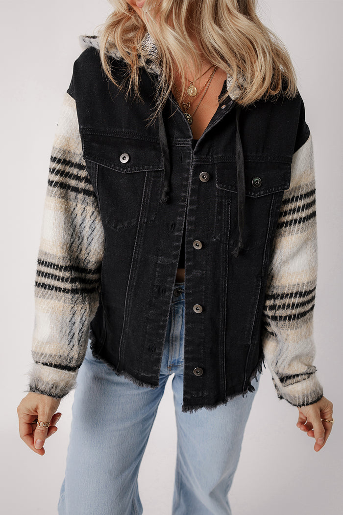 Veste en jean à capuche noire à manches écossaises *