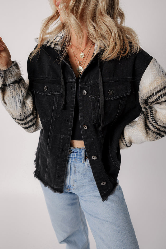 Veste en jean à capuche noire à manches écossaises *