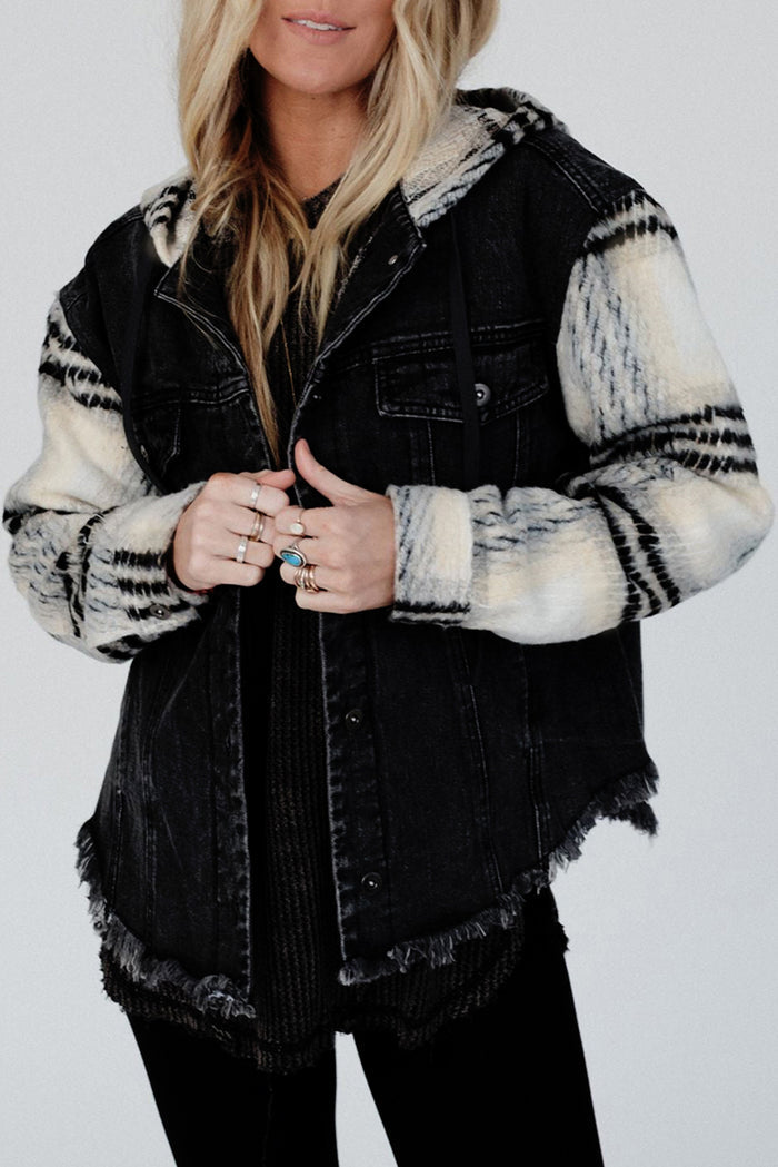 Veste en jean à capuche noire à manches écossaises *