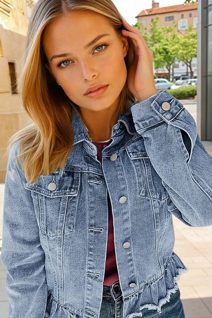 Veste en jean Bleu à volants et ourlet brut *