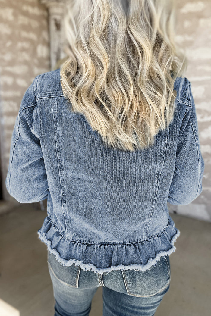 Veste en jean Bleu à volants et ourlet brut *