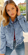 Veste en jean Bleu à volants et ourlet brut *