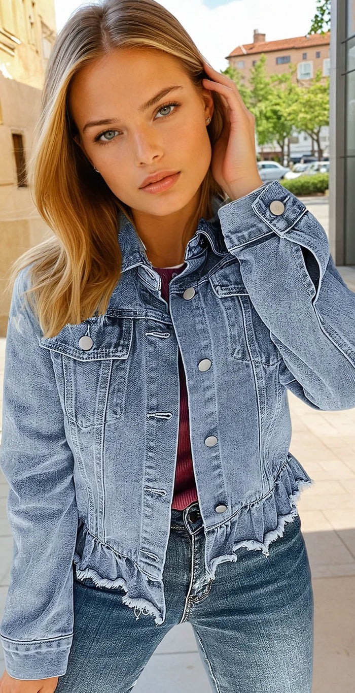 Veste en jean Bleu à volants et ourlet brut *