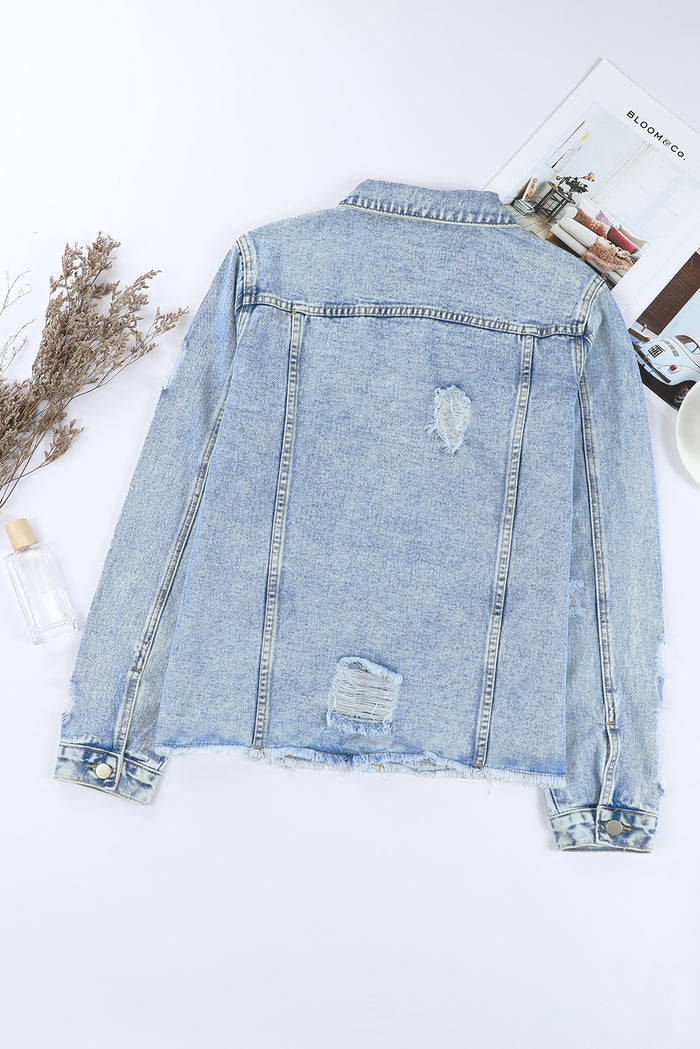 Veste en jean bleu ciel à revers et ourlet brut*