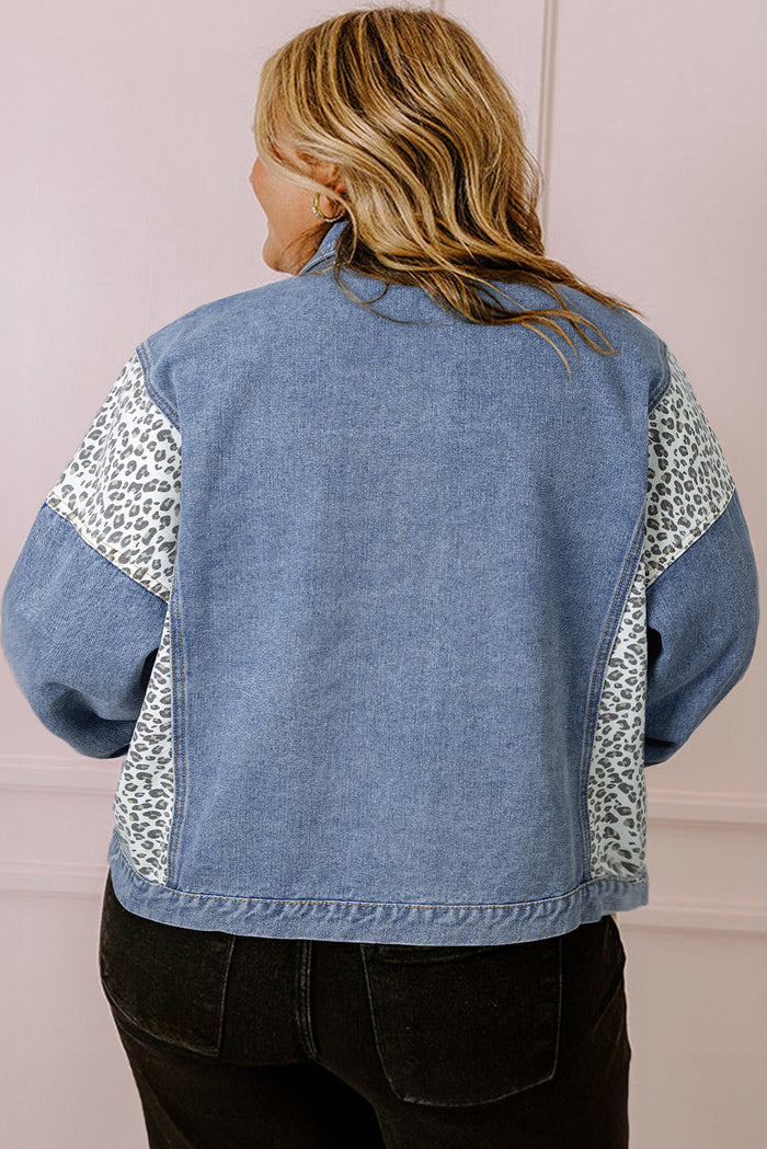 Veste en jean grande taille avec détails à rabat et patchwork léopard