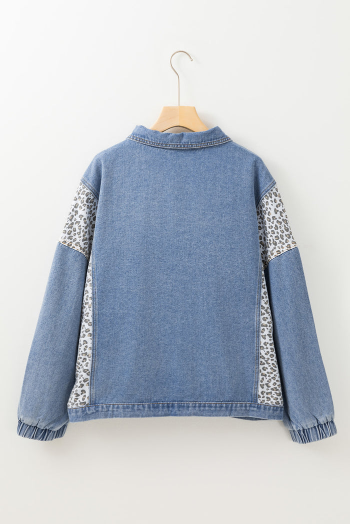 Veste en jean grande taille avec détails à rabat et patchwork léopard