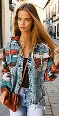 Veste en jean multicolore à imprimé aztèque *