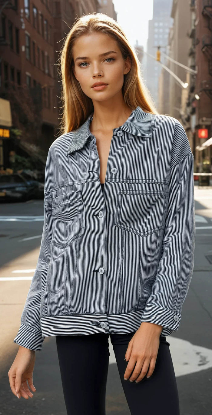 Veste en jean oversize délavée à rayures bleues *