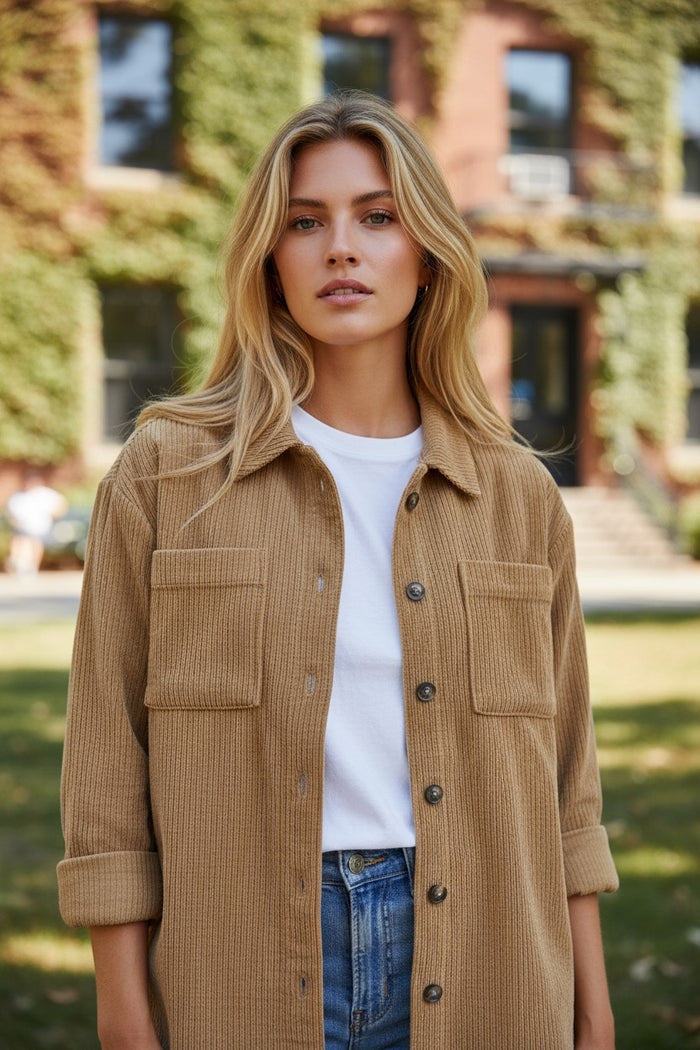 Veste en velours côtelé boutonnée beige français clair avec poche plaquée
