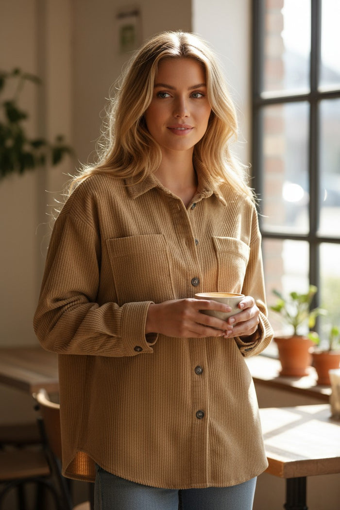 Veste en velours côtelé boutonnée beige français clair avec poche plaquée