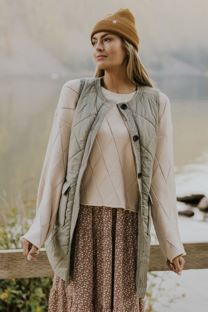 Veste gilet longue matelassée vert herbe avec poches