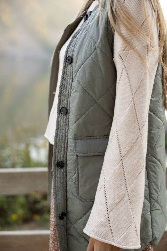 Veste gilet longue matelassée vert herbe avec poches