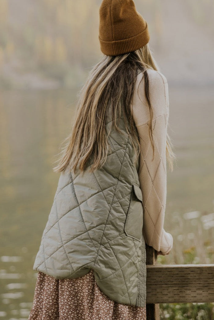 Veste gilet longue matelassée vert herbe avec poches