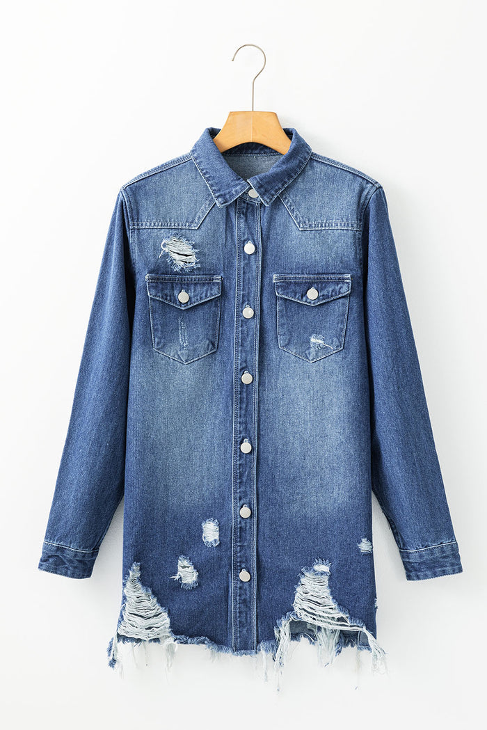 Veste longue en jean effiloché effet vieilli *