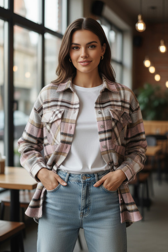 Veste longue rose à poches et imprimé géométrique *