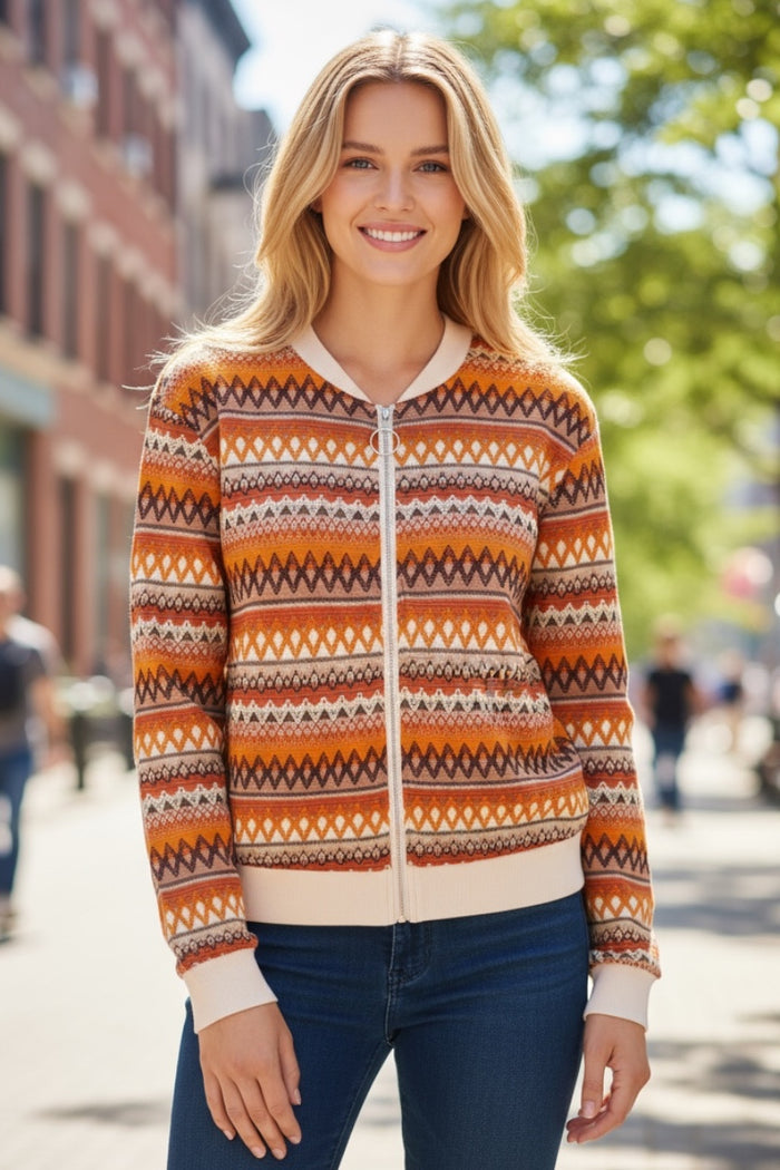 Veste orange à manches longues zippée à rayures Boho