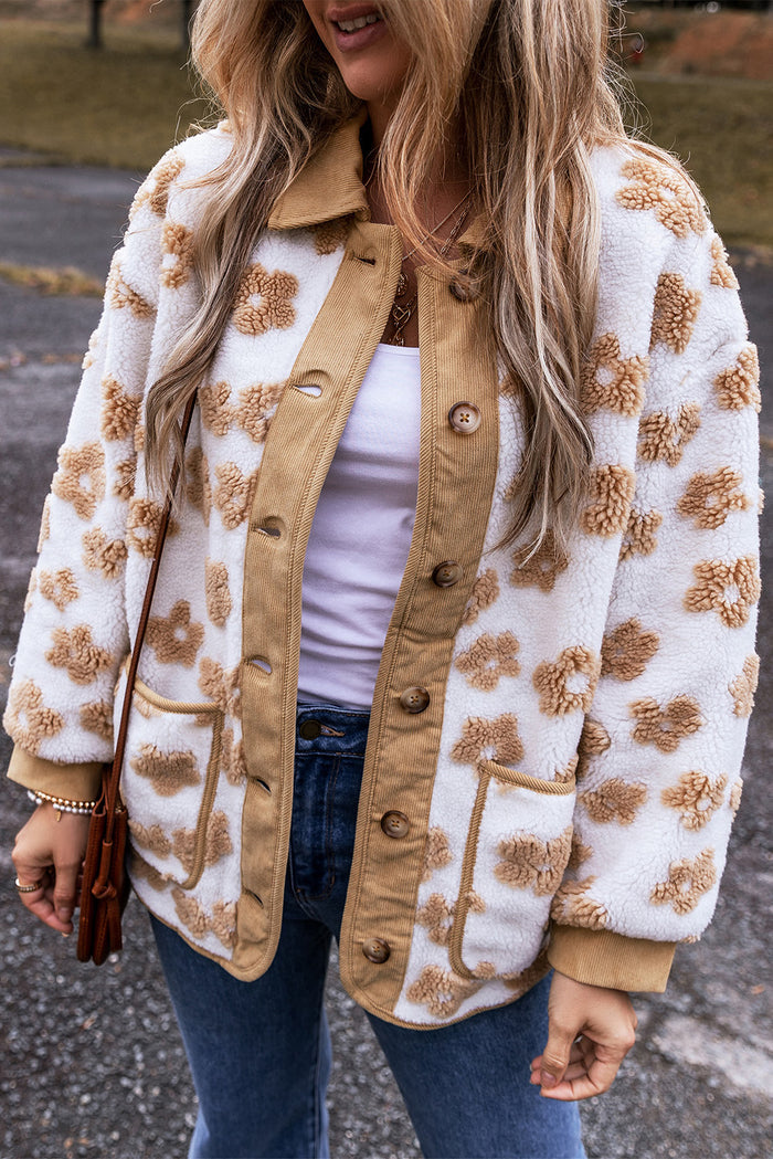 Veste polaire boutonnée à motif de fleurs mignonnes beige français clair