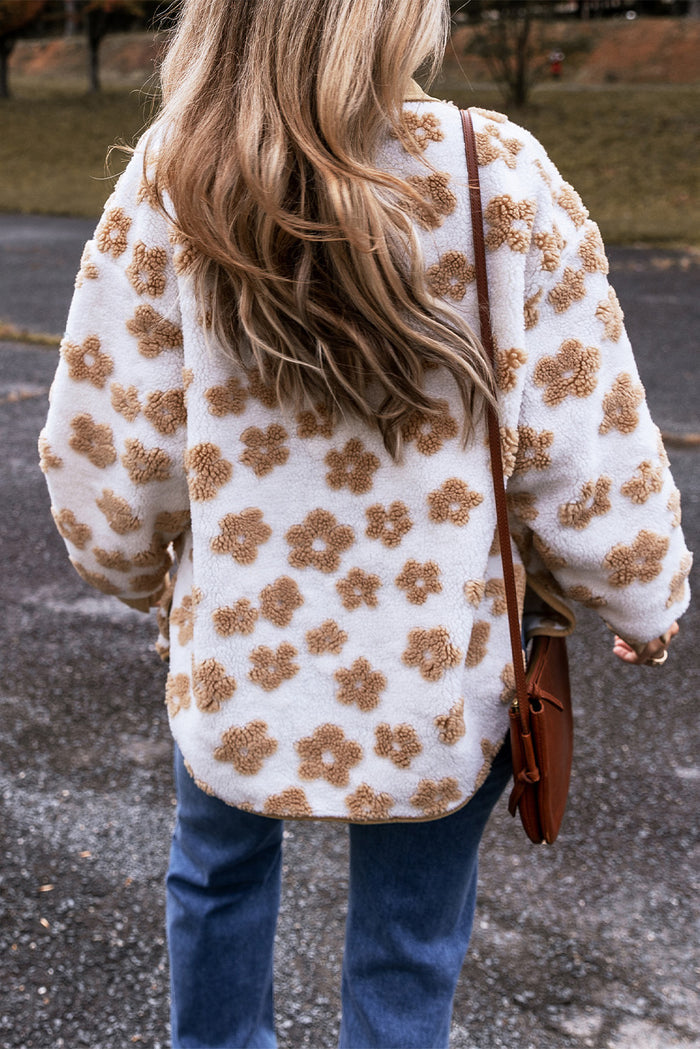 Veste polaire boutonnée à motif de fleurs mignonnes beige français clair