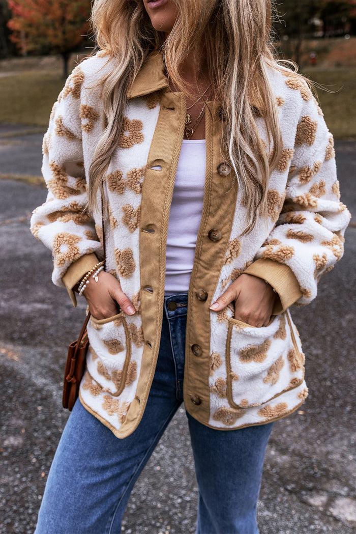Veste polaire boutonnée à motif de fleurs mignonnes beige français clair