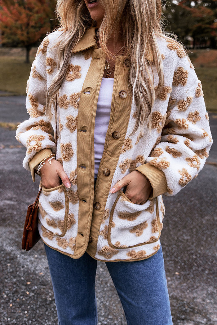 Veste polaire boutonnée à motif de fleurs mignonnes beige français clair
