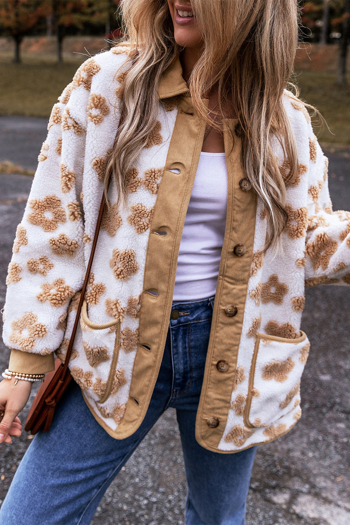 Veste polaire boutonnée à motif de fleurs mignonnes beige français clair