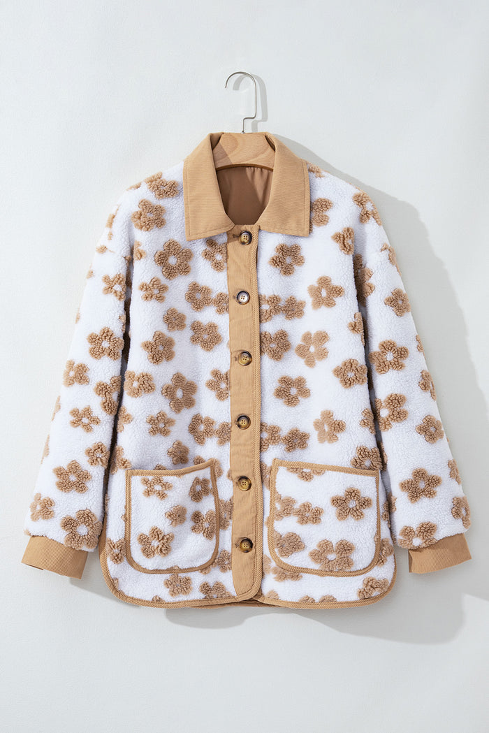 Veste polaire boutonnée à motif de fleurs mignonnes beige français clair
