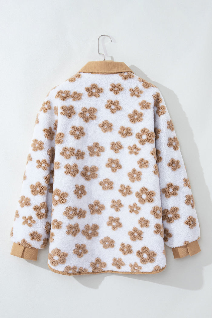Veste polaire boutonnée à motif de fleurs mignonnes beige français clair