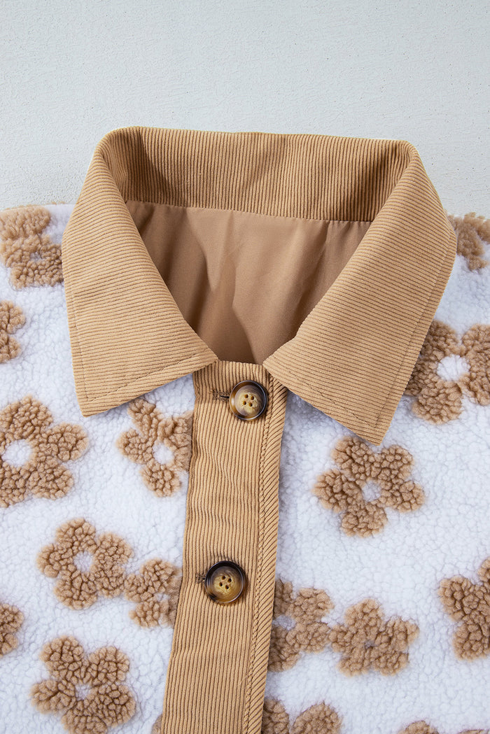 Veste polaire boutonnée à motif de fleurs mignonnes beige français clair