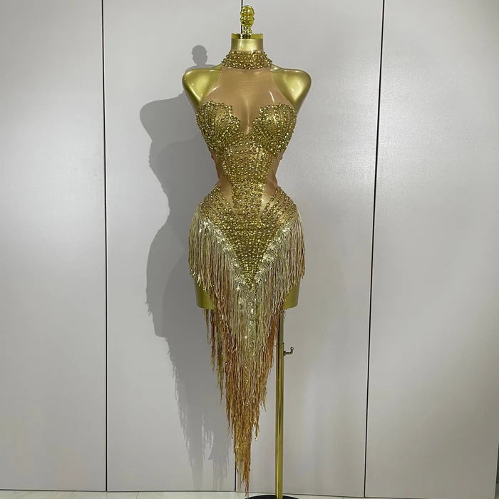 Vonda sparkly rhinestone and pearl tassel mesh see-through dress for evening parties, birthdays, or club events.