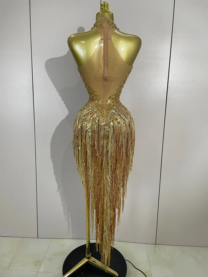 Vonda sparkly rhinestone and pearl tassel mesh see-through dress for evening parties, birthdays, or club events.