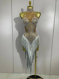 Vonda sparkly rhinestone and pearl tassel mesh see-through dress for evening parties, birthdays, or club events.