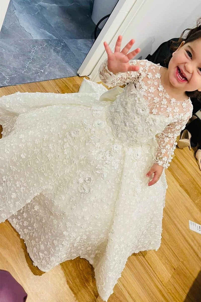 White 3D Flowers A-Line Girl Ball Gown