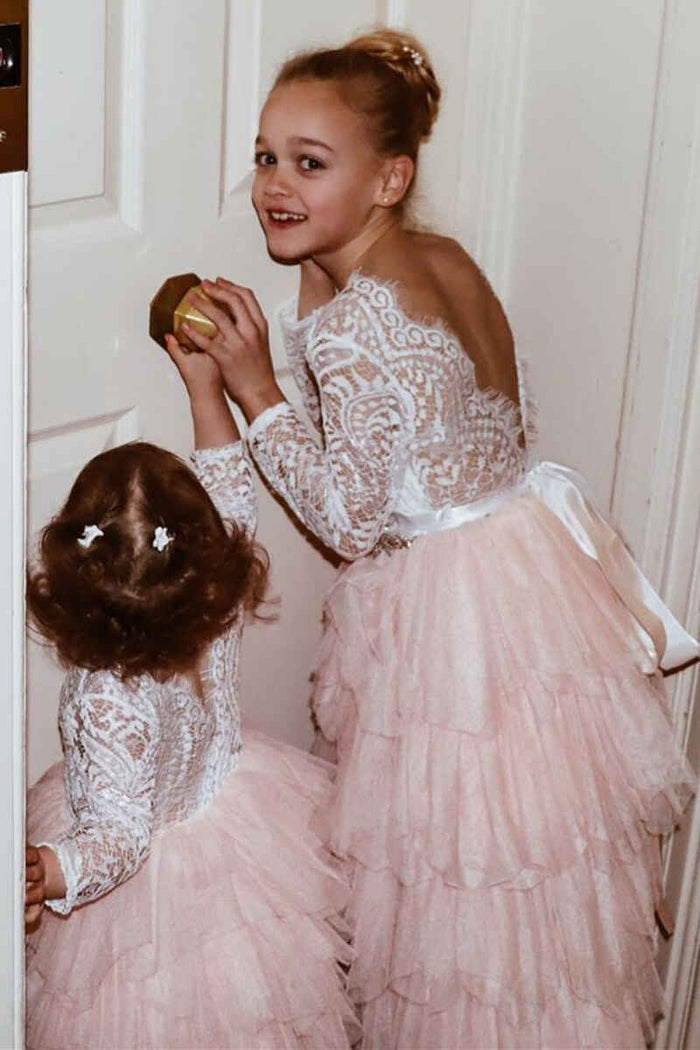 White &Blush Pink Long Sleeve Backless Multi-Tiered Flower Girl Dress