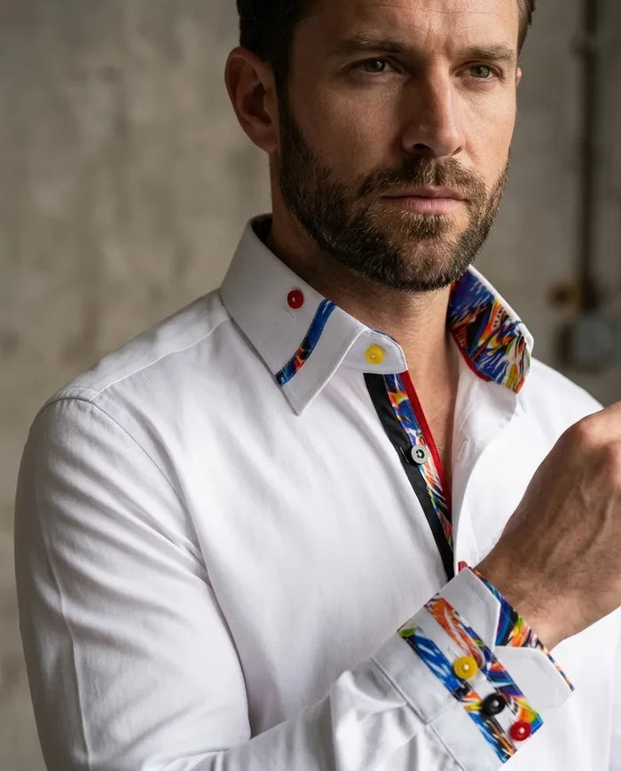 White Fashion Shirt with Colourful Collar Tip Design