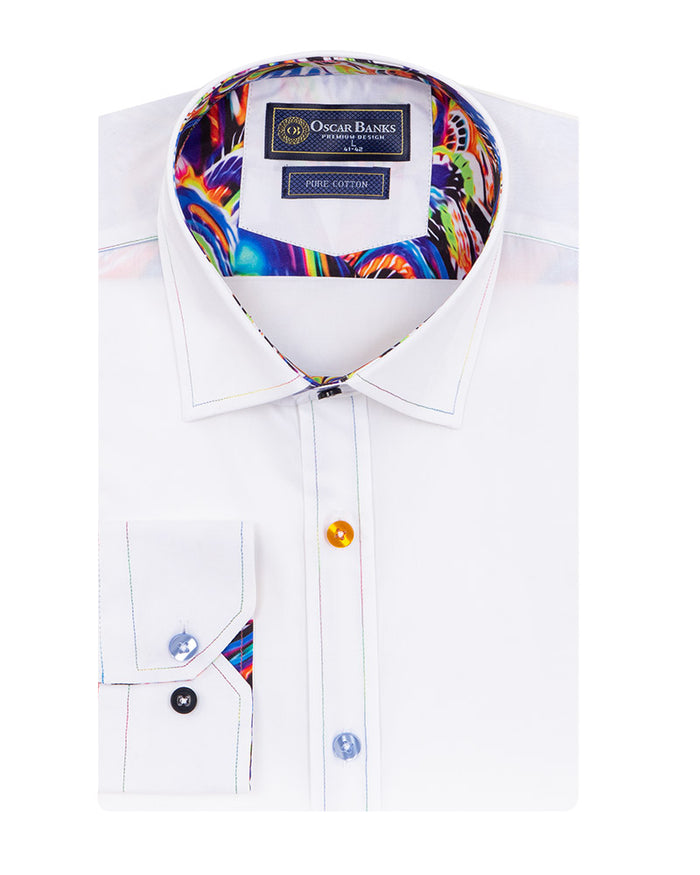 White Plain Panel Colourful Print Collar Tip Pure Cotton Shirt-Makrom