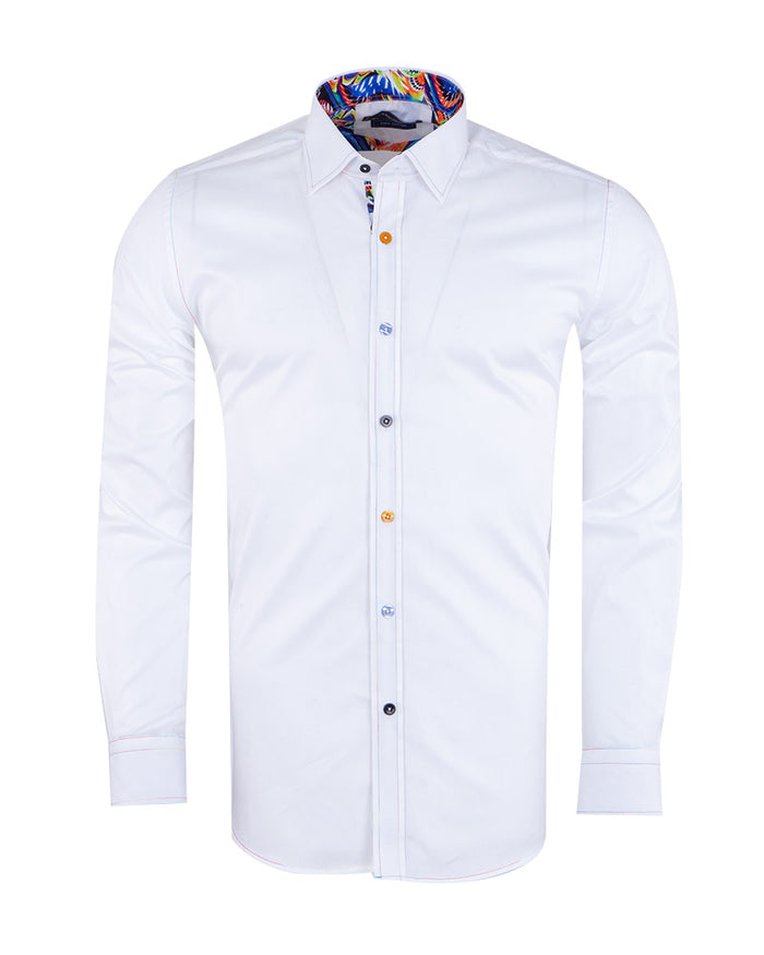 White Plain Panel Colourful Print Collar Tip Pure Cotton Shirt-Makrom