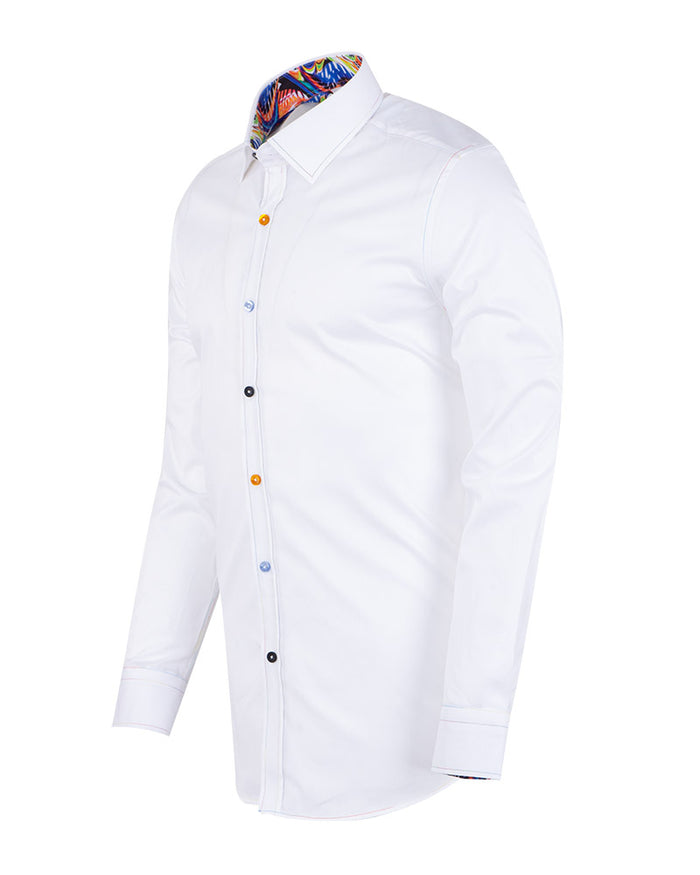White Plain Panel Colourful Print Collar Tip Pure Cotton Shirt-Makrom
