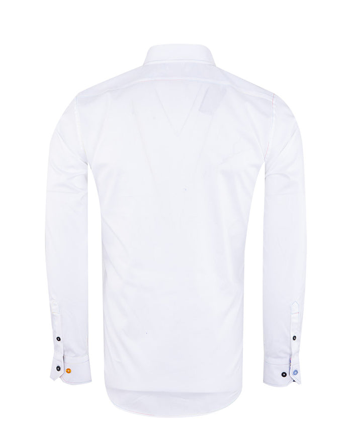 White Plain Panel Colourful Print Collar Tip Pure Cotton Shirt-Makrom