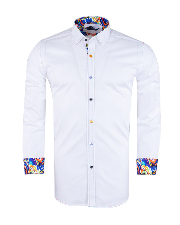 White Plain Panel Colourful Print Collar Tip Pure Cotton Shirt-Makrom