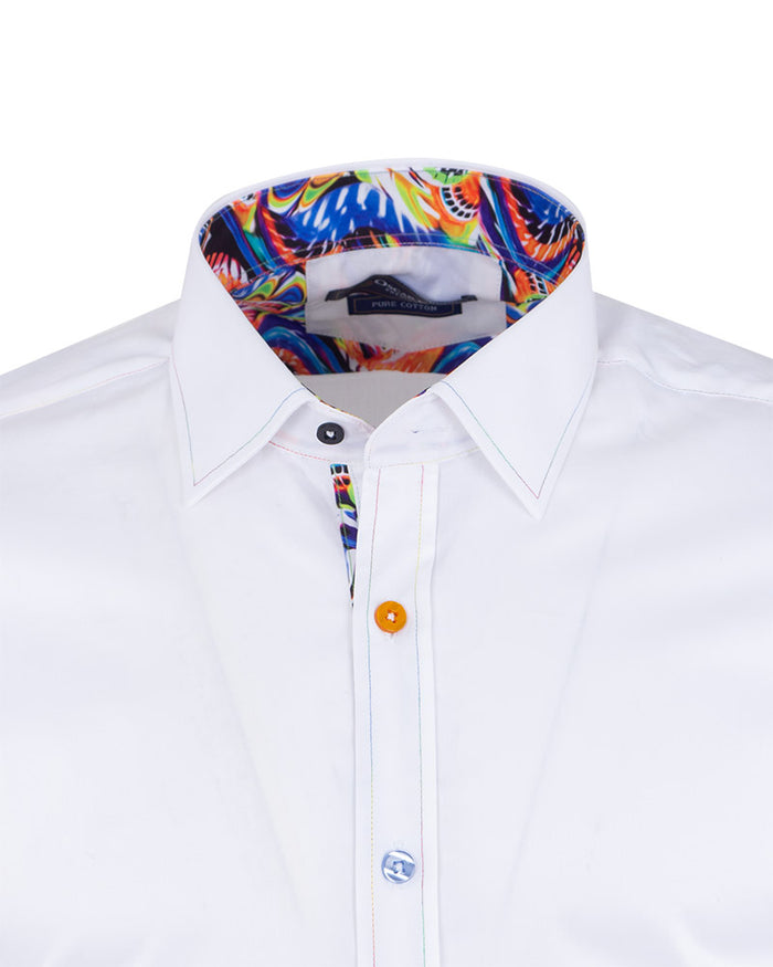 White Plain Panel Colourful Print Collar Tip Pure Cotton Shirt-Makrom