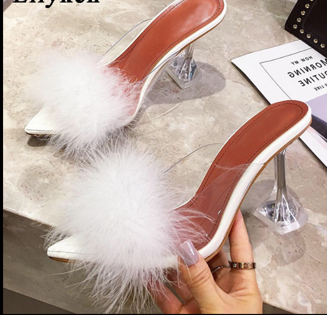Woman Pumps PVC Transparent Feather Perspex Crystal High Heels