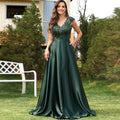 Women's Elegant Sequin Satin Prom Dress Evening Gown with Cap Sleeve - Rosymae